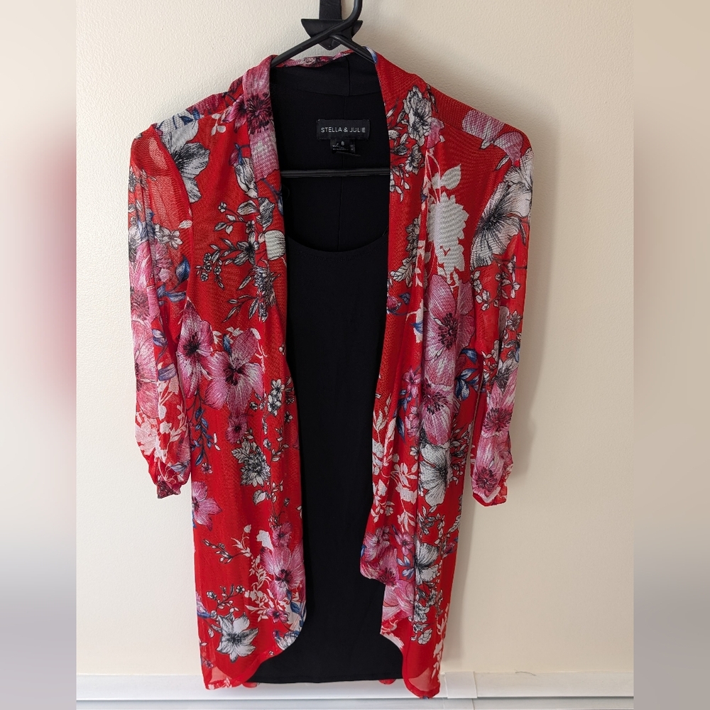 Stella and Julie black and red dress with sheer floral attached cardigan